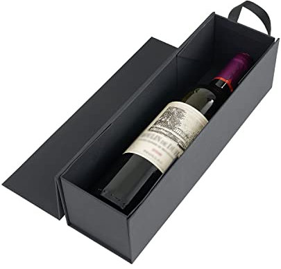 RYDDOY Caja de regalo de vino, 12.8 x 3.7 x 3.7 pulgadas, cajas de botellas de vino negro con asa para licor y champán, caja de regalo plegable para fiestas, bodas, envoltura de regalo, almacenamiento
