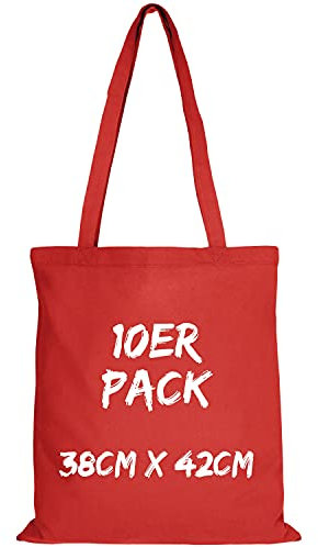TEXXILLA Baumwolltasche - 10er Pack | Rot | mit Zwei Langen Henkeln | 38x42cm | Jutebeutel | Einkaufstasche | unbedruckt