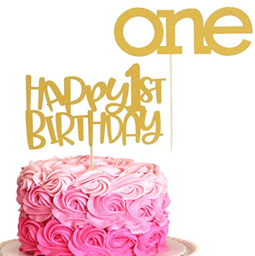 LeeLeeAn Gold Glitter One Cake Topper - 2 Stück, Happy 1. Geburtstag, Gold Glitter Baby 1. Geburtstag Kuchendekorationen, Babyparty Party Kuchen Dekoration Supplies