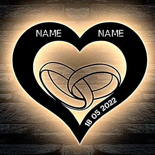 LEON FOLIEN Eheringe Herz Led Hochzeitsgeschenk personalisiert mit Wunschnamen - Deko Herzchen Lasergravur Abendlicht für Verlobung Braut Schlummerlicht Nachtlicht Hochzeitstag Geschenke - i Love You