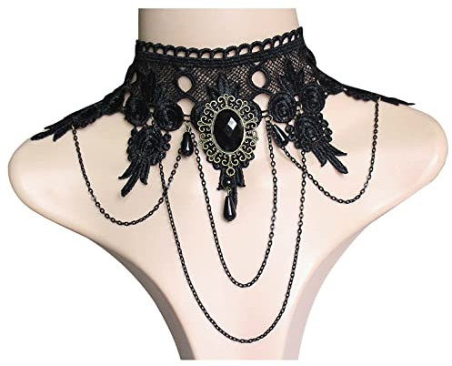 Dervivea Gothic Spitze Choker Halskette Schwarze Spitze Edelstein Halskette Schwarz Tropfen Kristall Choker Halskette Punk Kostüm Party Halskette Halloween Schmuck für Frauen und Mädchen