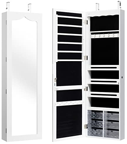 GYMAX Armadietto Portagioie da Parete, con Luci a LED e Specchio, 6 Cassetti, Serratura di Sicurezza, Grande Spazio per Collane e Gioielli, 36,5 x 11,5 x 120 cm (bianco)