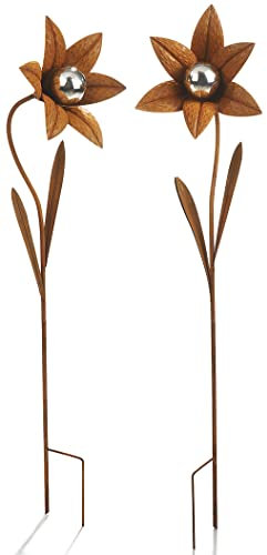 Kobolo Gartenstecker Dekostecker Blume Fleur aus Metall in Naturrost und Edelstahl 2er Set 96cm