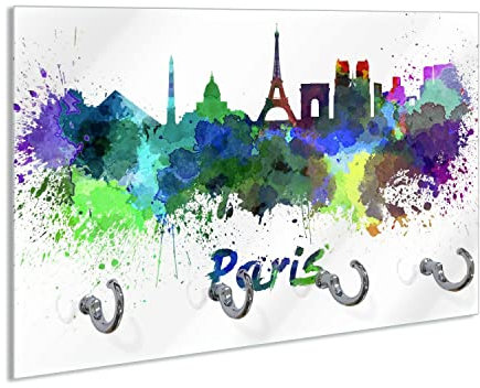 Wallario Schlüsselbrett aus Glas 30 x 20 cm, Wand Schlüsselhalter mit 4 Haken, Motiv: Städte als Aquarell - Skyline von Paris