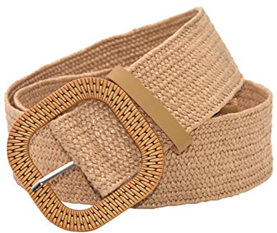 LANSKIRT Ceinture en Paille Tissée Haute Stretch Tressée Boucle Bois Réglable Robe Femme