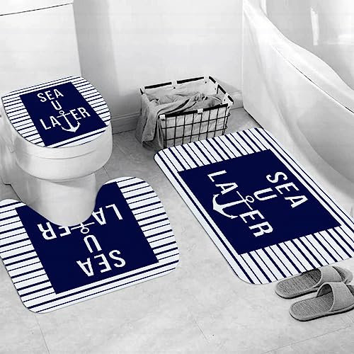 EKSED Badteppich 3 Stück Weiche saugfähige Badematten,Sea You Later Lustiger Marinemode-Slogan mit Anker und Streifen,rutschfeste Badematte Teppiche & Toilettendeckelabdeckung Set Waschbar