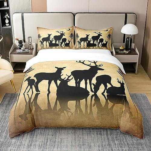 100% Natürliche Baumwolle Rustikale Hirsch Elch Bettbezug 155x220,Bauernhaus Kabine Lodge Dekor Tröster Abdeckung,Land Hirsch Silhouette Bettwäsche,Retro Wildlife Jagd Thema Bettwäsche Abdeckung