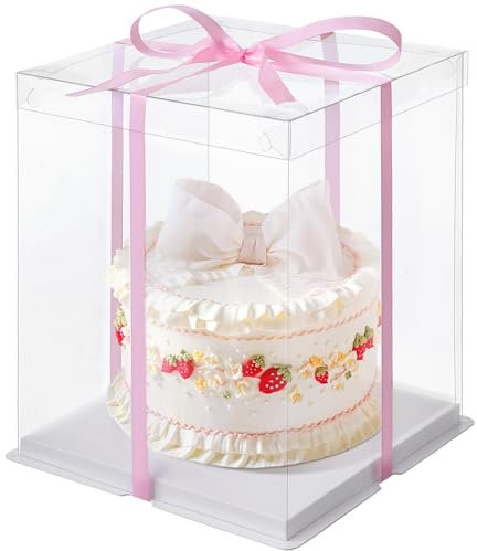 Warmiehomy Clear Cake Box, 10 inch Tall Cake Box, Transparent Gift Boxes with Lid & Ribbon, Plastic Large Cake Gift Box for Cake & Present in Christmas Wedding Birthday Party