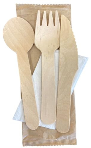 SOLEPLASTIC Posate Usa E Getta In Legno Di Betulla Con Tovagliolo Imbustate Tris Di Posate Monouso (50)