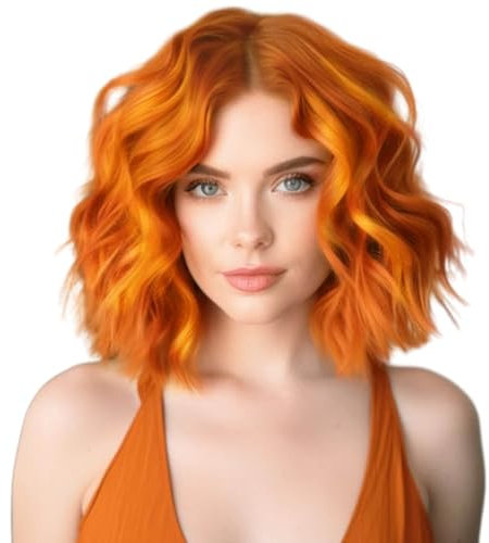 BECUS 12In Short Ginger Bob Wig for Women with Bangs, Natural Curly Wavy Synthetic Wig for Daily Wear, Halloween, Party & Cosplay