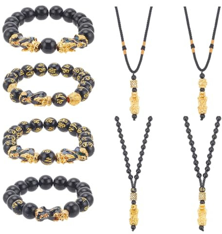 ANATTASOUL 8 Stück Feng Shui Halskette Pi Xiu Glückskette Feng Shui Armband-Halsketten-Set Aus Schwarzem Obsidian, Feng Shui-Armband Für Frauen Männer Geschenk Für Freunde, Familie, Mama