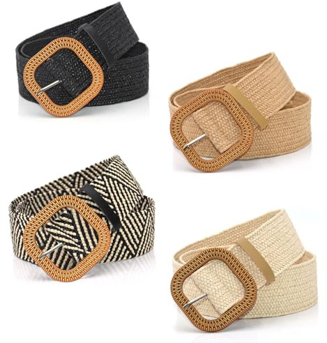 HMIEPRS 4 Stück Stroh Gewebter Gürtel mit Schnalle, Geflochten Strohgürtel Elastisch Taillengürtel, Damen Geflochtener Boho Vintage Flechtgürtel, Stretch Böhmischer Taille Gürtel (Quadratisch)