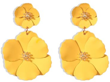 FDEETY Ohrringe Böhmische Doppelt Blumen Tropfen Ohrringes Matte Blume Lange Ohrstecker Leicht Vintage Schmuck für Frauen Und Mädchen Bräute Brautjungfern Hochzeit Prom(Gelb)
