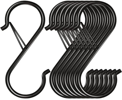 OLITY 8 Piezas Ganchos en Forma de S, Ganchos S de Metal con Sistema Anticaídas para Colgar Plantas, Ollas y Colgar Tazas, Colgar Bolsos y Ropa, 9 x 2.7cm Negro
