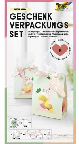 folia 48204 - Geschenkverpackung EASTER BUNNY, Verpackungsset für Kekse, Pralinen und andere Süßigkeiten, mit Papiertüten, Kordeln und Anhängern