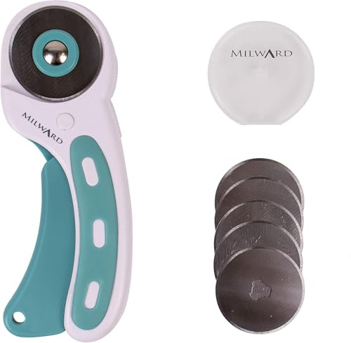 Milward 45mm Rotary Cutter & 5 Spare Blades, Ergonomic Handle with Safety Lock, Left & Right-Handed Fabric, Leather, Crafting, Sewing, Quilting, Fabric Rotary Cutter, Turquoise & White (Pack of 5)