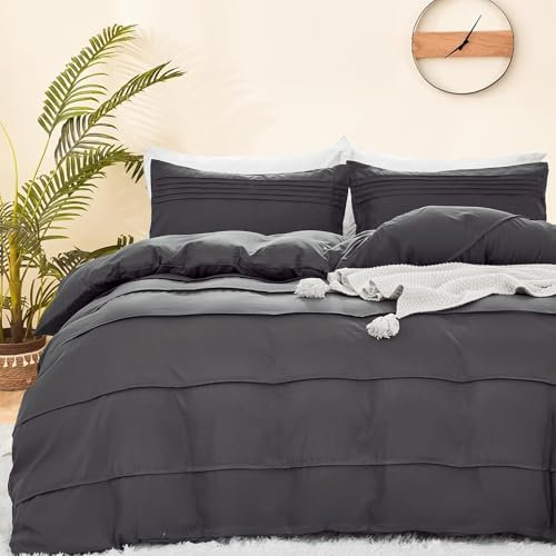 DJY Grey Duvet Cover Double Size - Boho Pleated Duvet Cover Set, 3PCS Soft and Breathable Textured Bedding Set with Zipper Closure (Grey, 200x200cm)