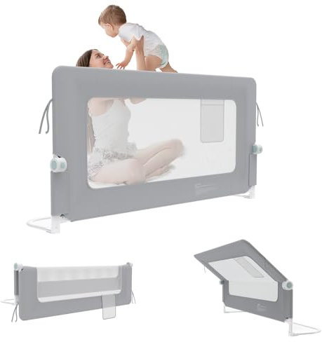 UISEBRT Bettgitter 180cm Bettschutzgitter Klappbar für Kleinkinder, Rausfallschutz Höhenverstellbar für Kinderbett, Atmungsaktiver Kinderbettgitter mit Aufbewahrungstasche Babybettgitter, Grau