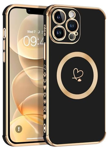 Telaso Magnetische Hülle für iPhone 13 Pro, Handyhülle für iPhone 13 Pro Niedliches Herz Muster [ Kompatibel mit MagSafe ] Weiche Plattierung Abdeckung für Frauen, Schutz der Kamera, Schwarz