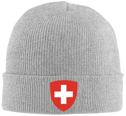 Unisex Beanie Mütze Strickmütze - Herren Damen Wintermütze Schweiz Flagge Strickmütze Bündchenmützen Weiche Streetwear Kopfbedeckung Slouch Beanie Trawler Beanie Acryl Uhrenmütze Grau Einheitsgröße