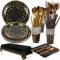 161 Pcs Anniversaire Vaisselle de fete, Assiette or noir, Serviettes Gobelets en papier Fourchette en bois Cuillère en bois pour Party Decoration Baby Shower - 20 Invités