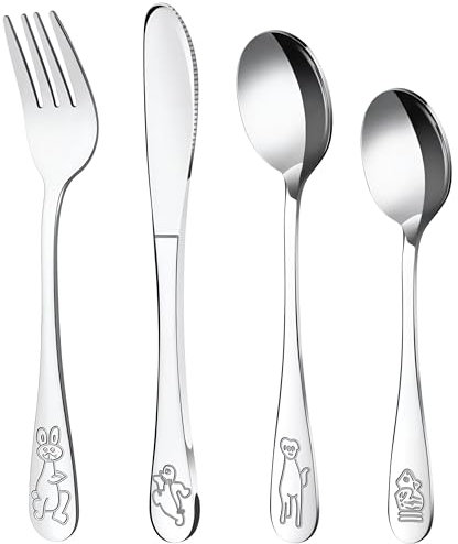 Kinderbesteck mit Gravur 4-teilig, Besteck Kinder ab 3 Jahre Edelstahl personalisiert Taufgeschenke für Mädchen und Jungen