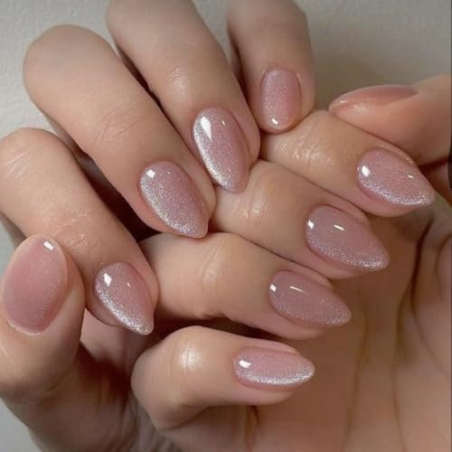 SXVME Nude Pink False Nails Glitter, 30 Pcs Short Almond, Sparkly Shiny Press Ons With Design, Cute Bling Stick On Nails For Women Daily Holiday Wear