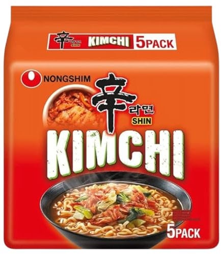 Nongshim Shin Ramyun Noodle Soup Vegan & Halal – Spicy Korean Instant Noodles, Plant-Based (Pack 5, Shin Kimchi 120g)