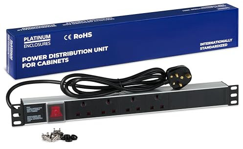 Platinum Enclosures, 4 Way UK Horizontal PDU Extension Lead- 13A Multi Plug Switched Power Distribution Unit Rack Mount with 1.8 M Cord Cable for Home Office 19 Inch PDU Server Cabinet, UK Socket Type