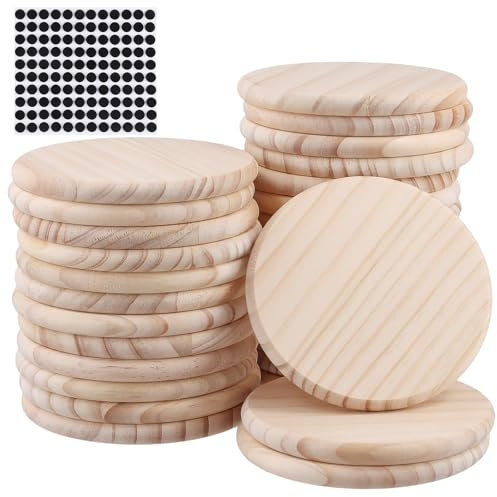 FUNSUEI 30 Stück Untersetzer Holz Rund 10 cm, Runde Holzuntersetzer mit Rutschfeste Matte für Tassen, Pflanzen, Kerzen