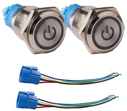 2 Pièces 220V-230V 15A Interrupteur à Bouton Poussoir, 16 mm Bouton Poussoir Lumineux, Étanche avec LED Bleu Intégrée, Contact NO NC, IP65, avec Douille de Connexion, pour Usage Industriel