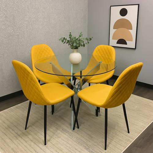 KOSY KOALA Round Glass Dining Table with 4 Mustard Leather Chairs