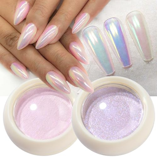 GZMAYUEN Chrome Nail Powder, 2 Farben Pigment Für Nägel, Rosa/Aurora Lila Perle Chrom Nagelpuder Aurora Ice Shimmer Chrome Pigment für Nägel DIY Salon