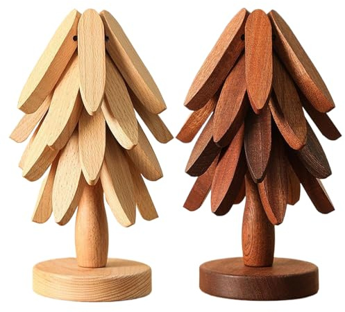 Wooden Tree Trivet Set - 2 Pack Natural Christmas Tree Coasters With 8 Wooden Trivets & 2 Stand, Stackable Kitchen Hot Dish Holder, Christmas Kitchen Counter Decor For Family Friends