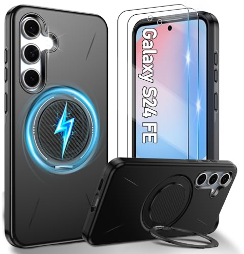 Gritup für Samsung Galaxy S24 Fe Hülle für Magsafe mit 2 Stück HD-Bildschirmschutz, eingebauter Kickstand, Dual Layer Stoßdicht, Kamera Guard,Schutz in Militärqualität for S24 Fe 5g Case-Schwarz