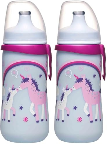 nip – Kinder Trinkflasche Kids Cup | zahnfreundliche Push-Pull Sportflasche mit Clip. Leicht und einfach zu reinigen, BPA-frei, 330 ml, Motiv Einhorn, rosa (Packung mit 2)