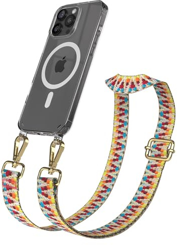 EAZY CASE Handykette - Verstellbares Taschenband kompatibel mit iPhone 16 Pro Max, Schulterriemen, Handykordel mit Silikon Hülle, Qi Charging kompatibel, Umhängetasche, Regenbogen Gold