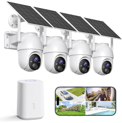 BOOPEX 2K Camera Surveillance WiFi Exterieure sans Fil Solaire à Batterie, 4 Cam-Kit avec Base, Zéro Frais, Stockage Local 32Go, 360° Panoramique, Alerte, Vision Nocturne en Couleur, 2,4/5Ghz WiFi