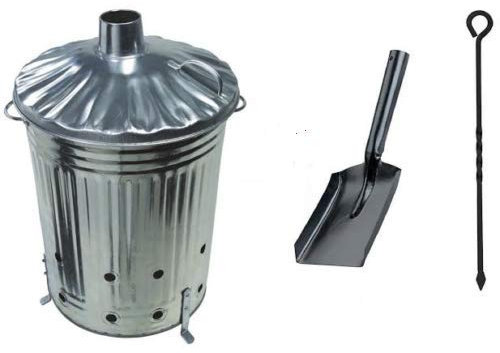 Srendi® Small Medium Large 15L 60L 90L Litre Metal Galvanised Garden Incinerator Fire Bin Burning Leaves Paper Wood Rubbish Dustbin Shovel and Poker Made in U. K. (90L INC+Shovel&Poker)