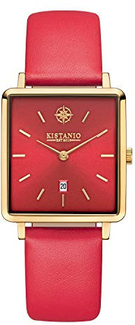 Kistanio Carré Damenuhr mit Lederband Datum Edelstahl Vergoldet Saphirglas GO-RTS-RTN