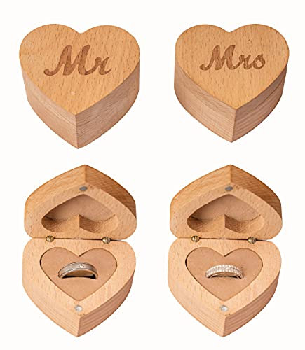 STROVA Herzförmige Ringbox aus Holz für Eheringe - 2er Set mit Gravur Mr. & Mrs. Schriftzug - Ringträgerbox für Display oder persönliche Organizer - Jutekissen und Magnetverschluß