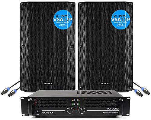 Vonyx VSA12P 12 Passive PA Speaker System with VXA-2000 Amplifier & Speaker Cables, 800W DJ Audio System for Live Events, Stage Monitoring, Club Venues & Mobile Performances, ABS Lightweight Build