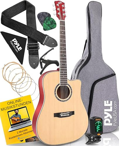 Pyle Cutaway Acoustic Guitar, Beginner Full Size 41”/104cm, Dreadnought Natural Matte Finish, 6 Steel Strings w/Gig Bag, Tuner, Extra Strings, Picks, Strap, Capo, For Beginners, Adults, Kids- Right