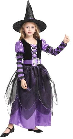 EOZY Halloween-Kostüm für Mädchen, Hexe mit Hut und Gürtel für Mädchen, für Halloween, Karneval, Cosplay, Violett