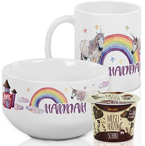 GRAZDesign Frühstücksset Kinder personalisiert mit Namen – Müslischale mit Tasse aus Keramik - 3-teiliges Geschirrset - Geschenkset für Jungen und Mädchen, spülmaschinengeeignet