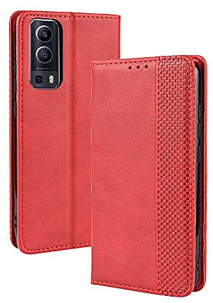 PEIYE Coque Cuir Étui pour Vivo Y52 5G / Vivo Y72 5G Housse, Etui Portefeuille Case Cover, Fermeture Magnétique, Flip Béquille et Emplacements pour Cartes -Rouge