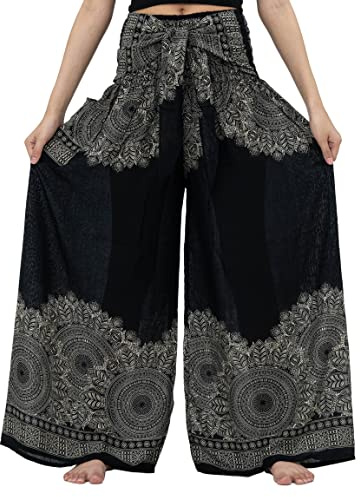 B BANGKOK PANTS Women's Boho Palazzo Pants Wide Leg Lounge Harem Pants Bohemian Clothes with Pocket (One Size, Black)