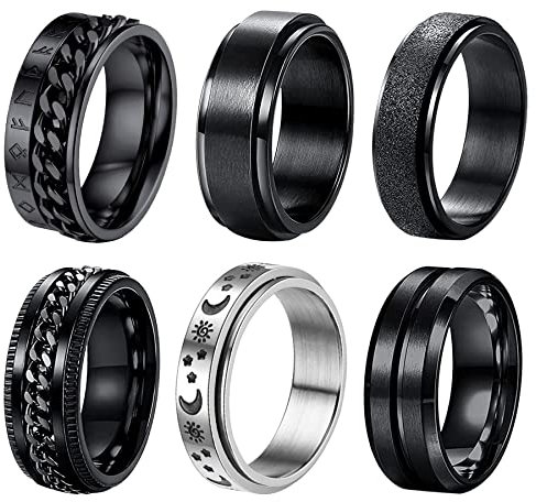 OIDEA Herren Spinner Ring Edelstahl: 6 Stück Anti Anxiety Stress Angst Relief Ringe Set Schwarz Silber Spinnringe Hochwertig Modern Geburtstag Geschenk für Männer Junge Freund Größe 62