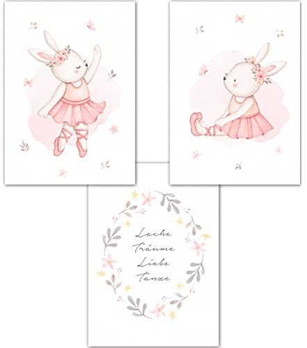 double critical Lemmami Papeterie 3er Set Boho Deko Wandbilder Kinderzimmer Babyzimmer Poster Bilder Mädchen Jungen (Rosa Ballett Hase Ballerina)