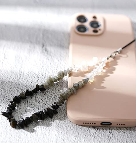 Gradient Natürlicher Kristallstein Kies Handykette,Universal Handy Handschlaufe Handy Charm Handgelenk Handy Lanyard Perlen Kette Telefonkette Handyschmuck Schlüssel Taschen Handy Anhänger,Schwarz